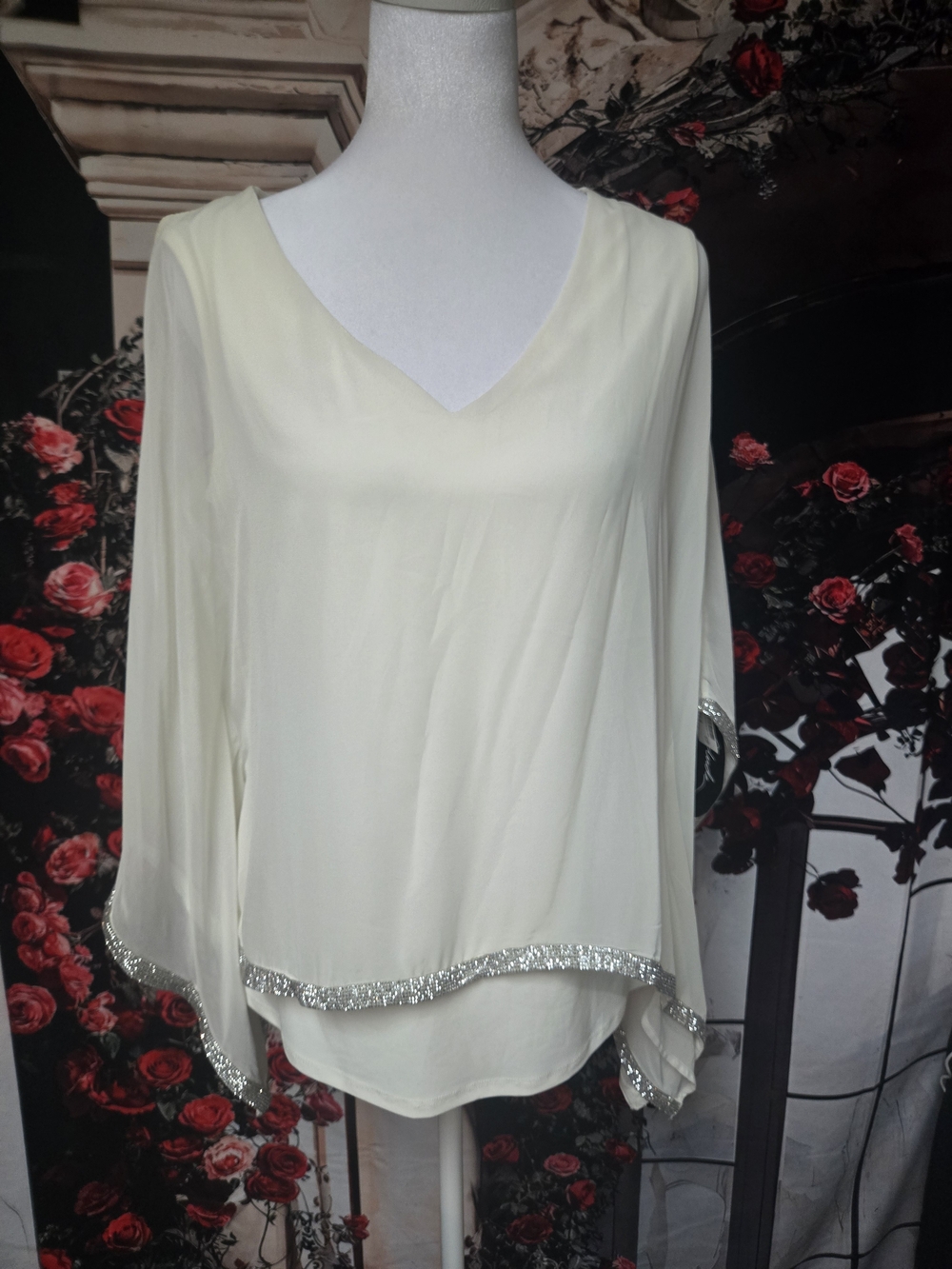 Women's Cream V-Neck Blouse with Silver Sequin Trim
